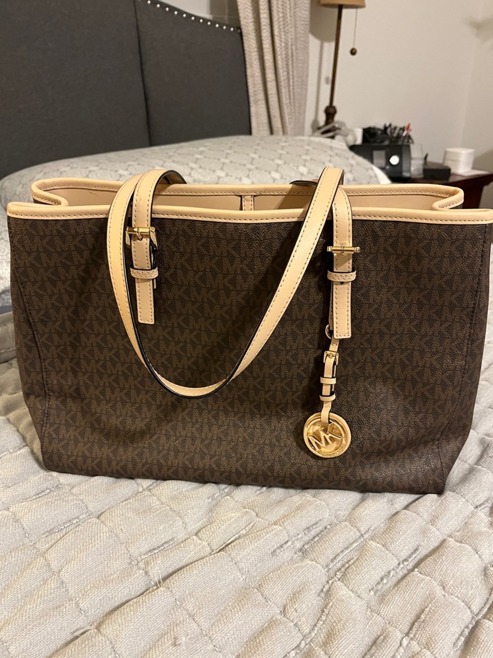 Michael Kors Brown Monogram Tote with Beige Trim and Gold Charm